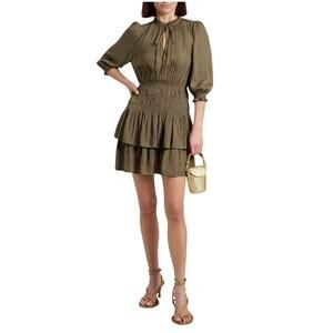 Maje Tiered Smocking Mini Dress In Army green size FR 38 / US 6